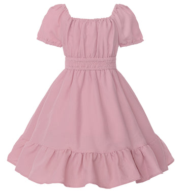 Girls Summer Casual Dress Bow Tie Back Dresses Off Shoulder Ruffled Hem