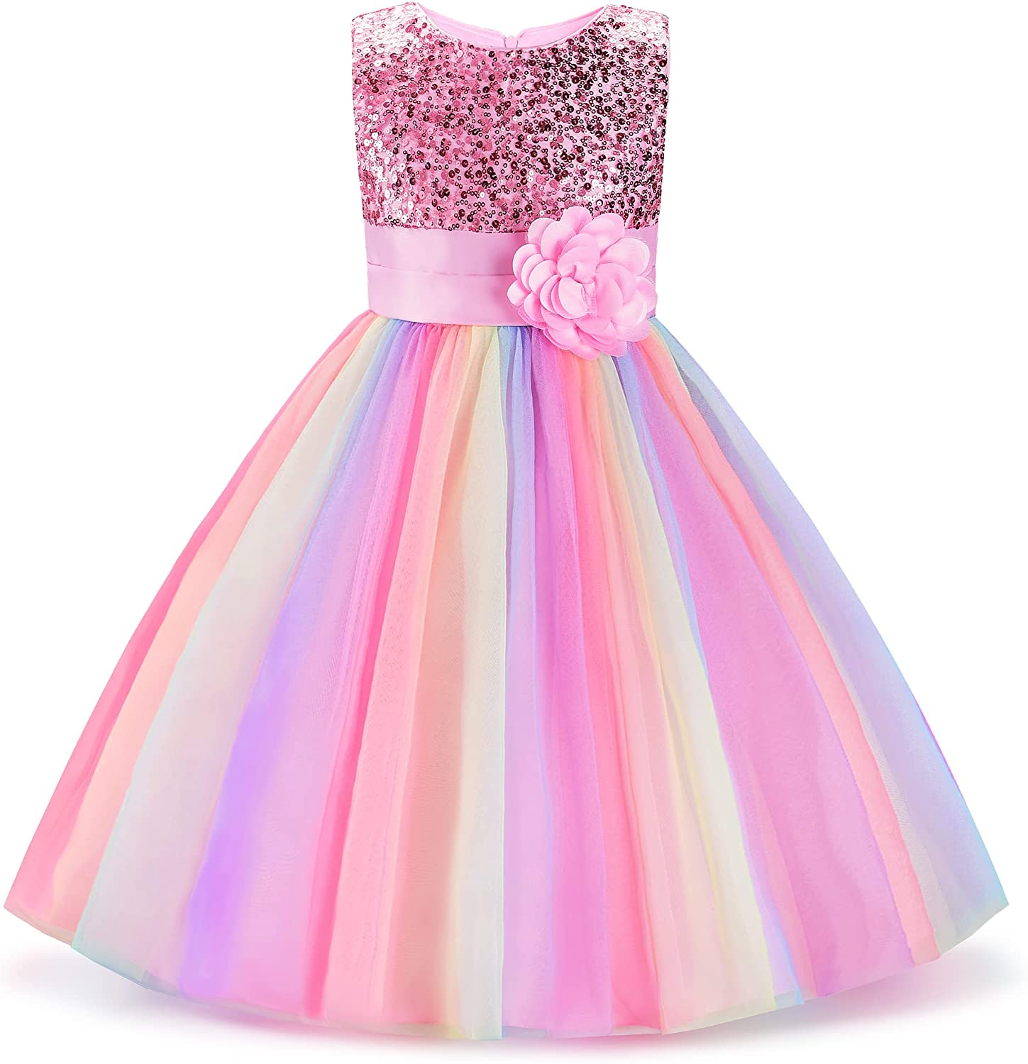 rainbow dress for wedding Little Girl's Sequin Sleeveless Mesh Rainbow Dress for Wedding Party – Uhnice