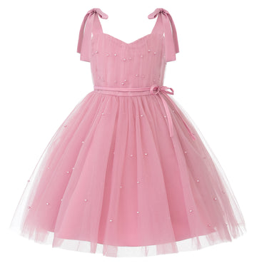 Flower Girls Pearl Dress Toddler Tulle Dresses with Bow Shoulder Straps for Wedding Party