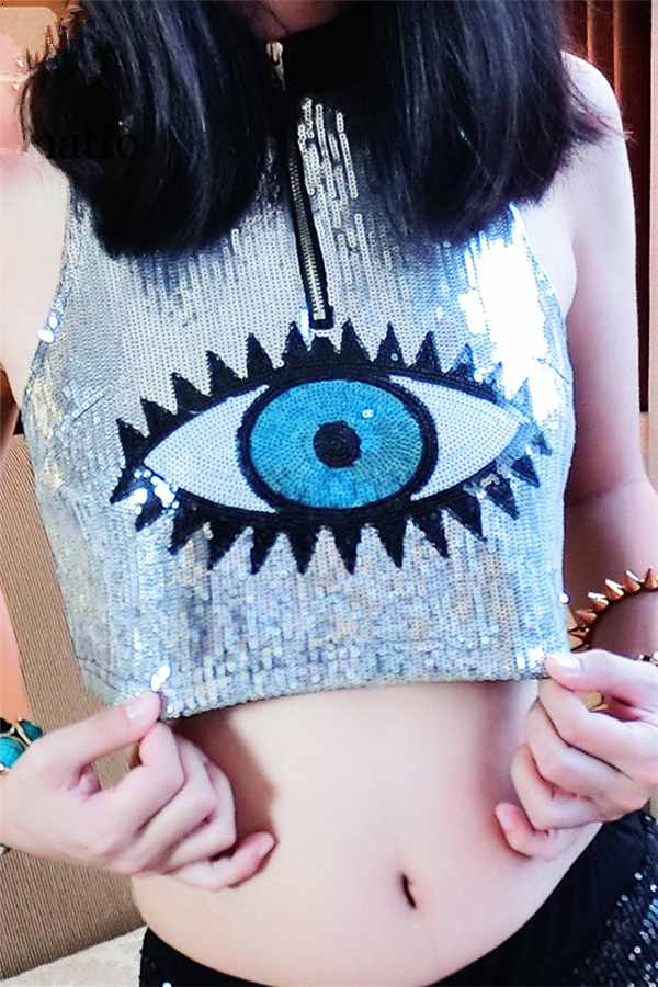 Sexy Sequined Big Eye Print Camisole Silver