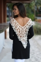 Casual Backless Lace Embroider Long Sleeve Women T-Shirt Black