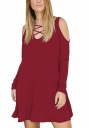 Wine Red Hollow V-Neck Long Sleeve Pocket Full Cotton Dress