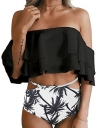 Black Women Two Piece Off Shoulder Ruffled Flounce Crop Bikini Top With Print Cut Out Bottoms