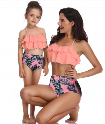  2 Pieces Leaves  Fresh Atrovirens Strappy Mommy and Me Scollop Edge Swimsuit 