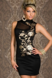 Floral Foil Print Bodycon Dress Black