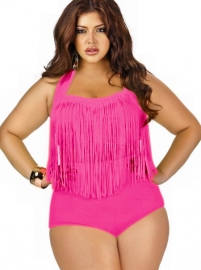 Plus size high waisted  fringe bikinis hot sale in rose