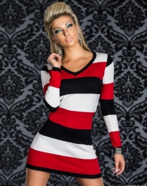 Stripes Long Sleeve Dress Red