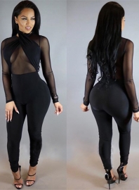 Sexy Fashion One Piece With Long Sleeves Women Transparent Jumpsuits Black