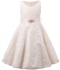 Girls Lace V Neck Flower Girl Dress for Wedding Party Ball Gown Ivory