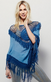 Women's Crochet Knit Poncho Cape Shawl Fringe Cover up Tunic Beachwear Blue