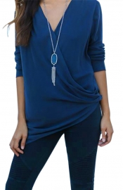 Women's Sexy Deep V-Neck Long Sleeve T-Shirt Irregular Blouse Blue