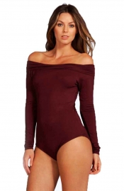 Off Shoulder Ribbed Knit Long Sleeve Sexy Stretch Bodysuit Red