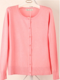 Women Button Down Crew Neck Long Sleeve Soft Knit Cardigan Sweater  Pink