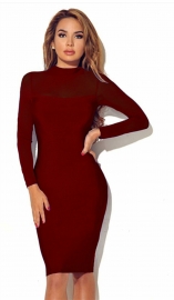 Women Long Sleeve Transparent Sleeve Bodycon Dress Wine Red