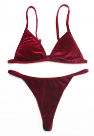 2017 Women's Sexy Velvet Triangle Brazilian Thong Bikinis Sets Wine Red