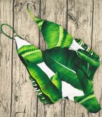 2017 Women's Green Leaf Print Cutout Side Push Up One Piece Swimsuit Green