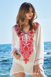2017 Women's Embroidery Long Sleeve Pompom Beach Cover up Tunic Dress Red