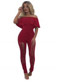 Fashion Women Summer Strapless Ruffles Off-Shoulder With Holes Jumpsuits Without Belt Red