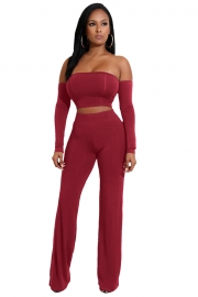Wine Red Strapless Long Sleeve Strappy Two-piece Of Pantsuit 