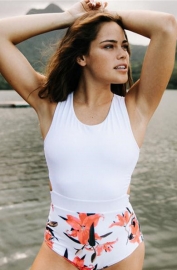 White Top Part and Under Part with Floral Print One-Piece Swimsuit