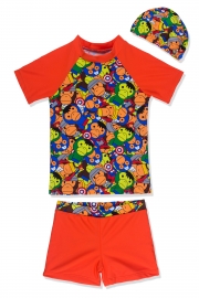 Baby Boys 3pcs Swimsuit Set Cartoon Pattern Short Sleeves Swimwear