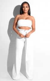 Women Sexy Exposed Navel Top Two-piece Suit White 