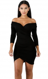  Black V-Neck Long Sleeves Mini Bodycon Dress