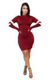  Wine Red O-Neck Long Sleeve Sexy Bodycon Dress