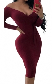 V-neck Full-sleeve Off Shoulder Ribbed Waist Tie Bodycon Dress Red 