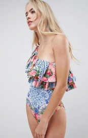 Flora Printing One Shoulder Ruffle One Piece Swimsuit