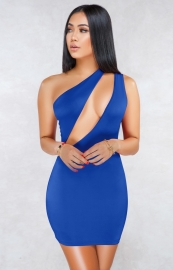 Blue Sexy One Shoulder Hollow-out Bodycon Dress
