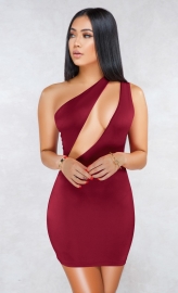 Wine Red Sexy One Shoulder Hollow-out Bodycon Dress