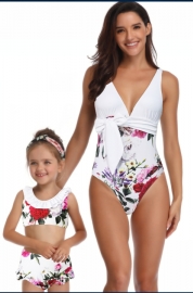 One Piece Family Matching Swimwear Flower Print White Bikini Girl Swimsuit