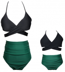 Black Crisscross Solid Color Girl Swimwear  Family Matching Bikini Set
