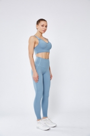 Light Blue Women Mesh Splicing Sport Yoga Pants with Pocket High-waist Leggings 