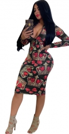 Black Sexy  Long Sleeve Bodycon Print Dress With Zipper