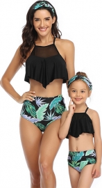 Black Solid Top and Floral Printed Bottom High Waist Swimwear Set