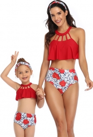 Red Solid Front Hollow Out Top Floral Printed Bottom Two Piece Swimsuit