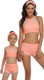 Pink Orange Front Zipper and Mesh White Trim Two Piece Swimsuit