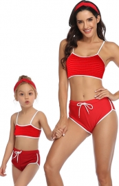 Red Solid White Trim Two  Piece Suspender swimsuit