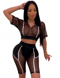 Black Sexy Women Sheer Crop Top V-Neck Two-Pieces Set