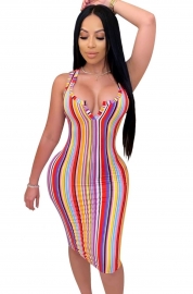Sexy Fashion Women Striped Printing Notched Neck Sleeveless Party Dress