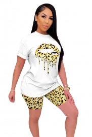 Fashion Women Causal Two-Piece Set Leopard Lip Printed Clubwear Top Shorts