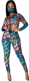Women long sleeves leopard bodycon club party casual jumpsuit pants set 2pc