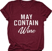  Women's May Contain Wine Graphic Print Tee Round Neck Short Sleeve T Shirt 