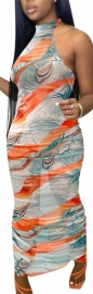Women Halter Sleeveless Floral Print Backless Mesh See Through Beach Bodycon Maxi Long Dress