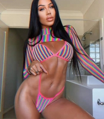 Rainbow Striped Bikini and Long Sleeve Cover-up Top 3-pieces Set