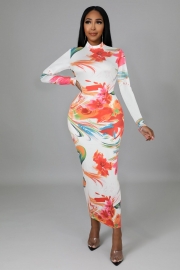 Floral Printed Long Sleeve Dress with Zipper