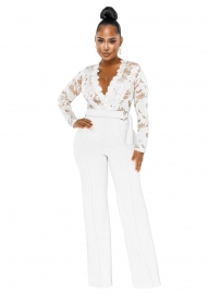 Women Sexy Casual Slim Fit V-Neck See-through Floral Lace Jumpsuit with Belt