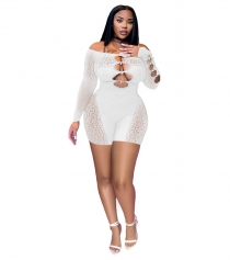 Thread Mesh Pearl Buckle Off Shoulder Sexy Jumpsuit Shorts